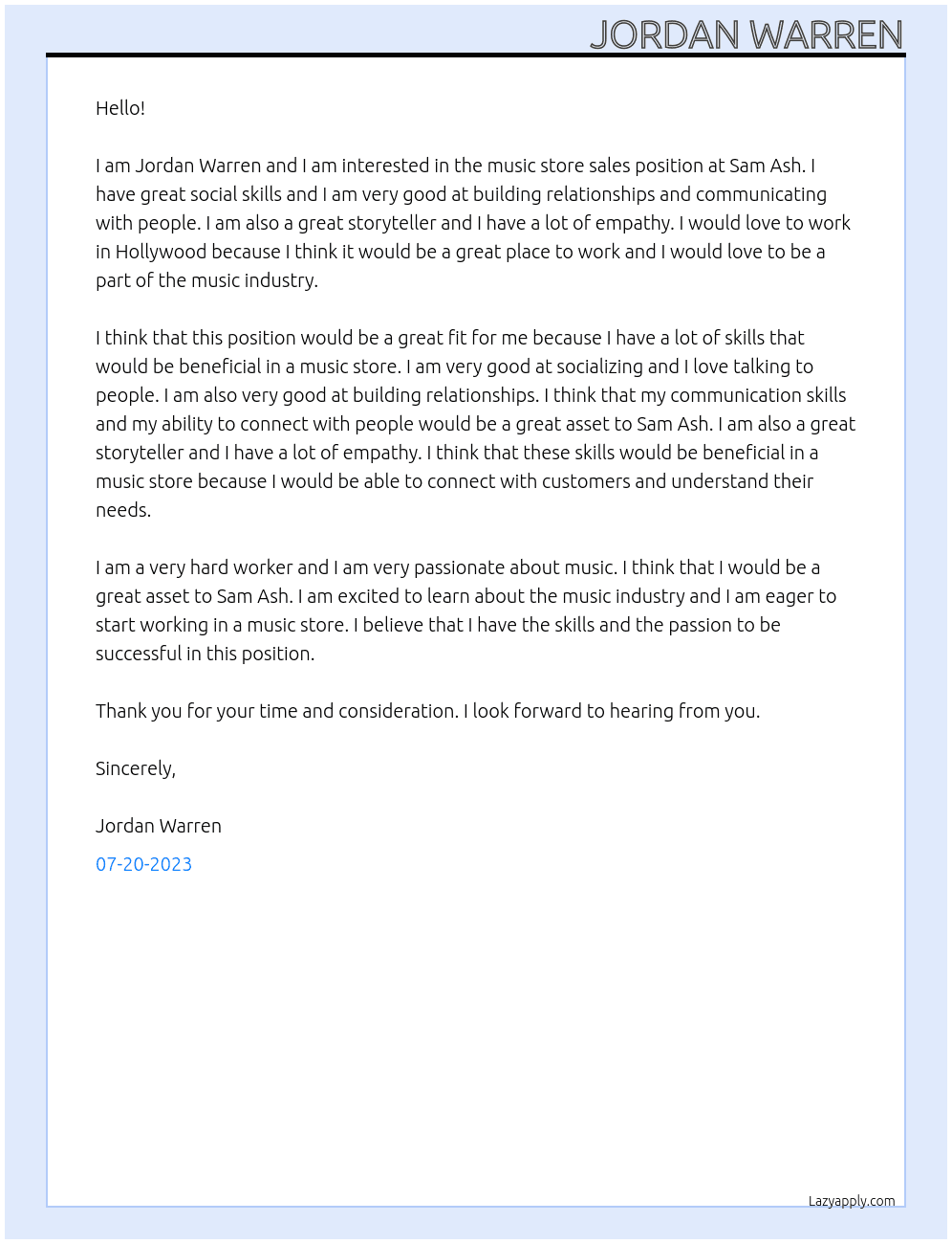 music store sales  At sam ash  Cover Letter