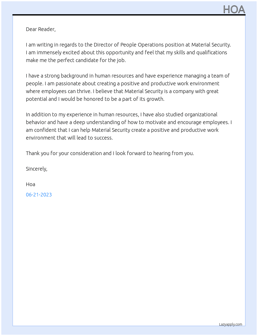 Director of People Operations At Material Security Cover Letter