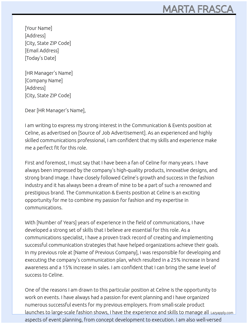 Communication & Events At Celine  Cover Letter