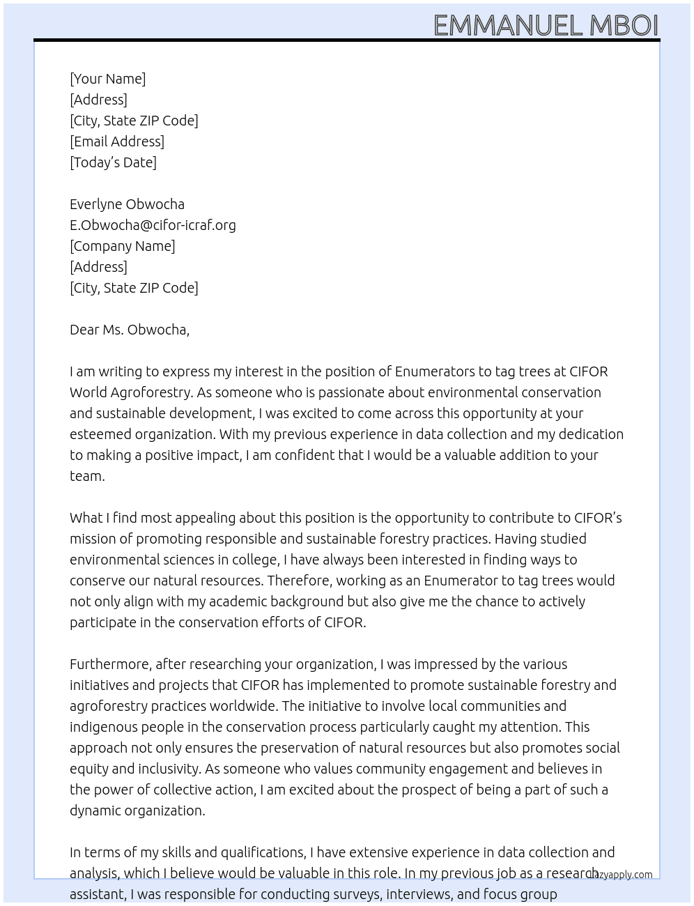  Enumerators to tag trees At cifor world agroforestry Cover Letter