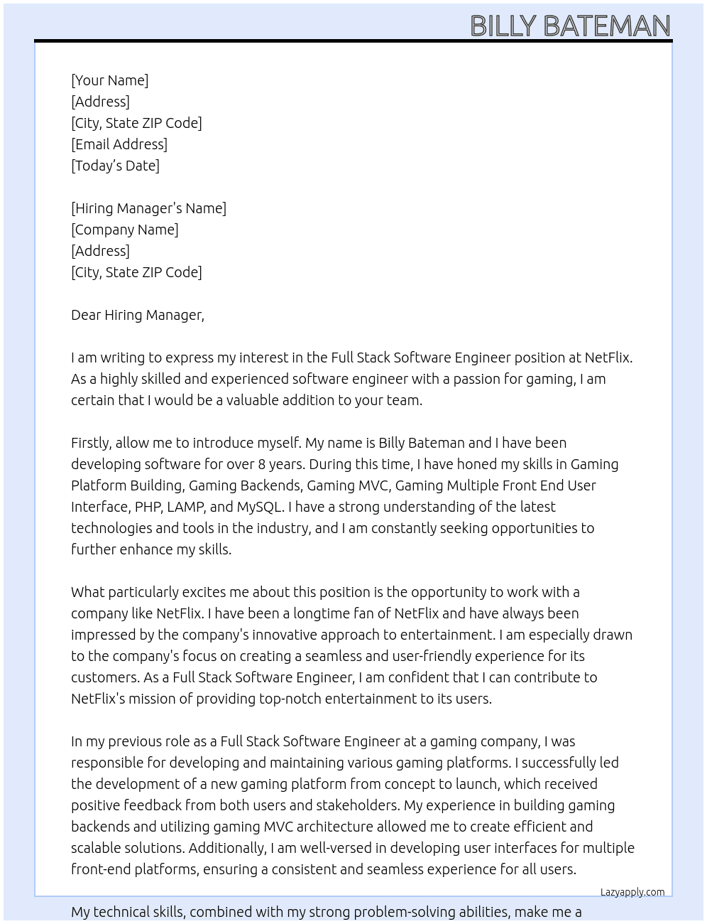 Full Stack Software Engineer At NetFlix Cover Letter
