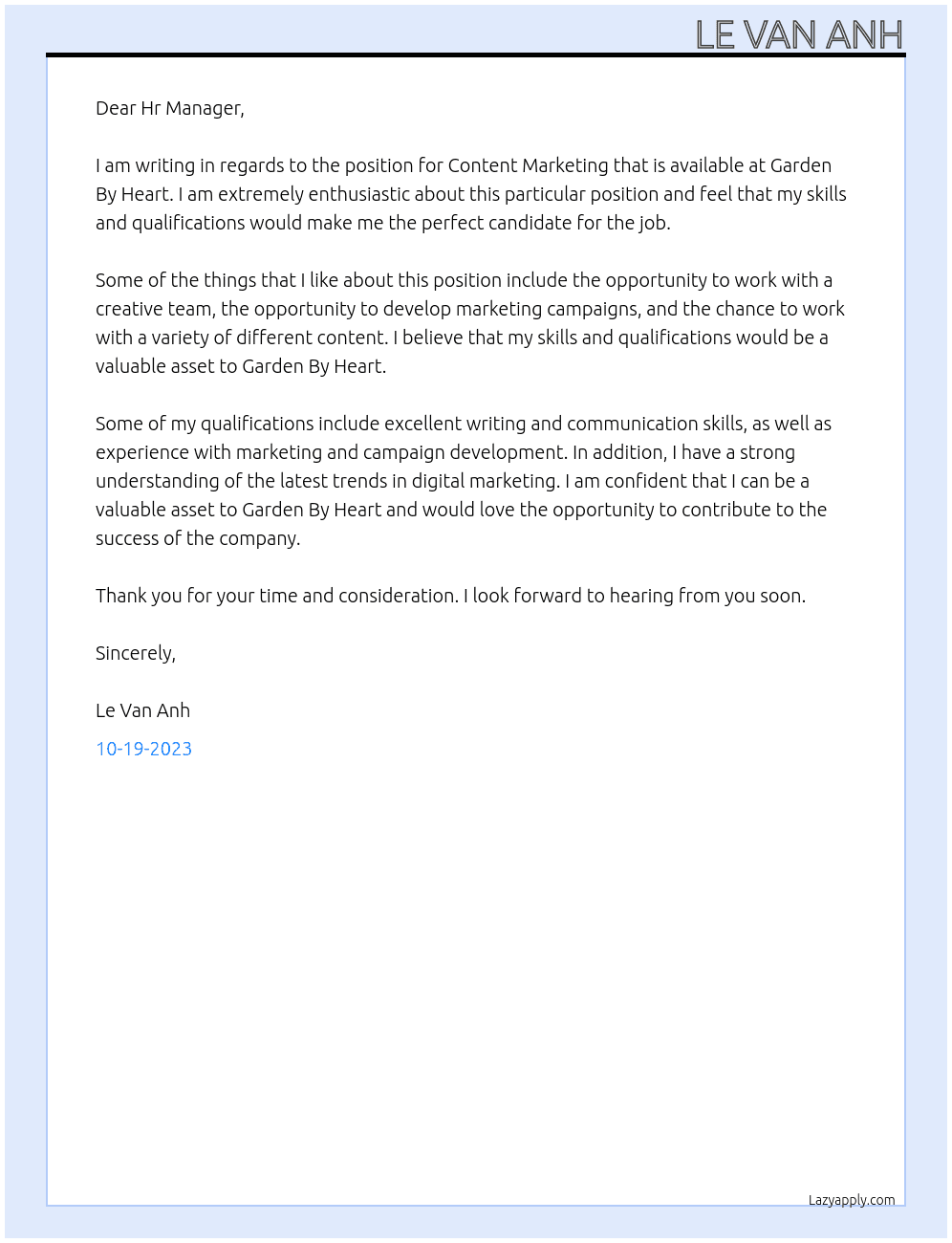 Content Marketing At Garden By Heart Cover Letter