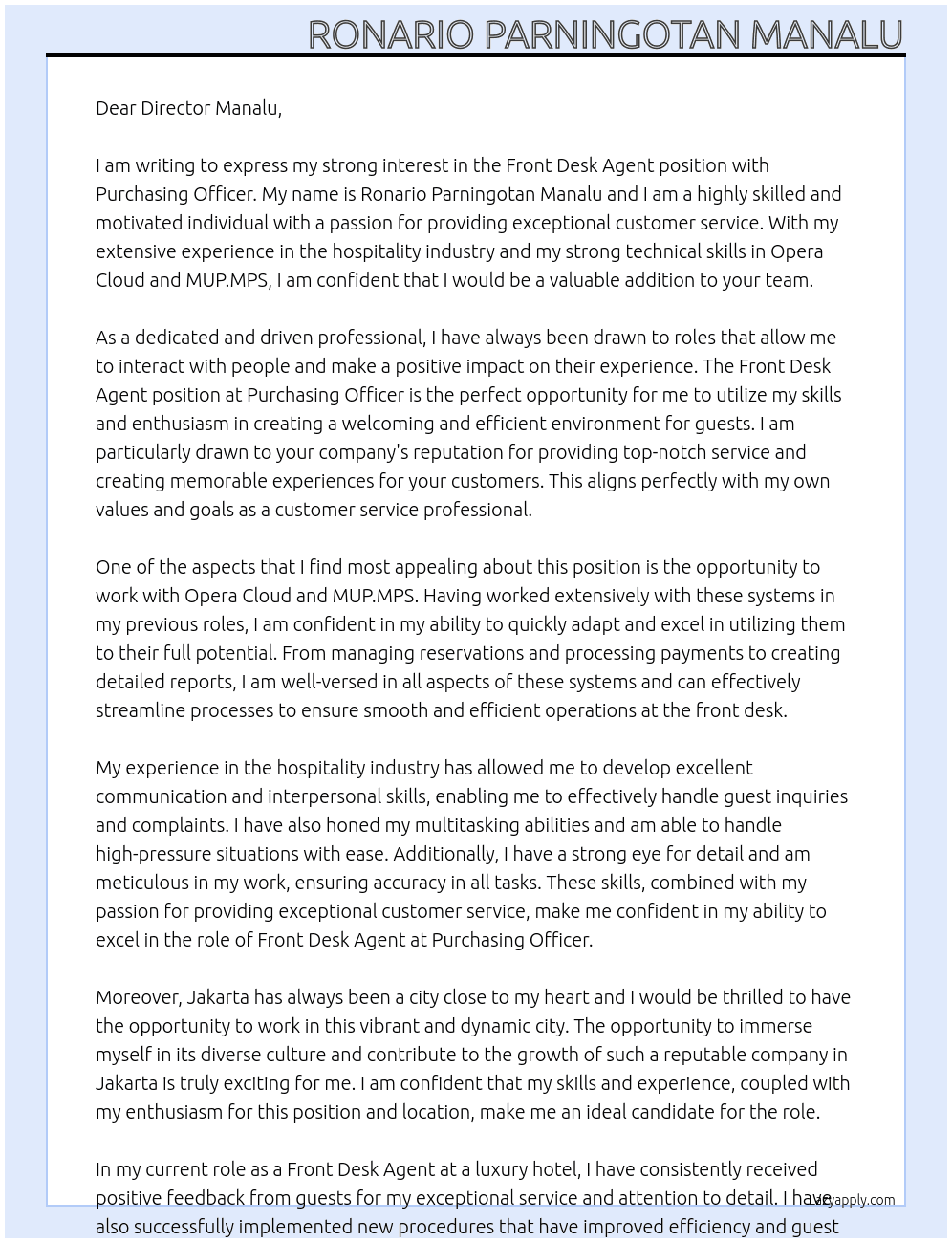 Front Desk Agent At Purchasing Officer Cover Letter