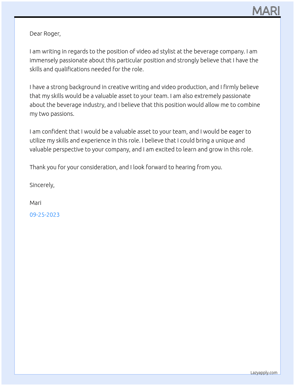 video ad stylist At beverage company Cover Letter