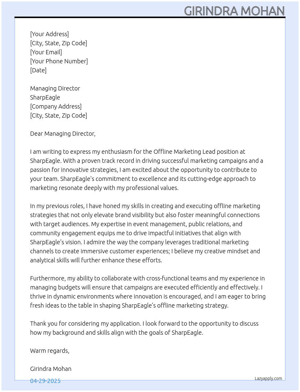 Offline Marketing Lead At SharpEagle Cover Letter