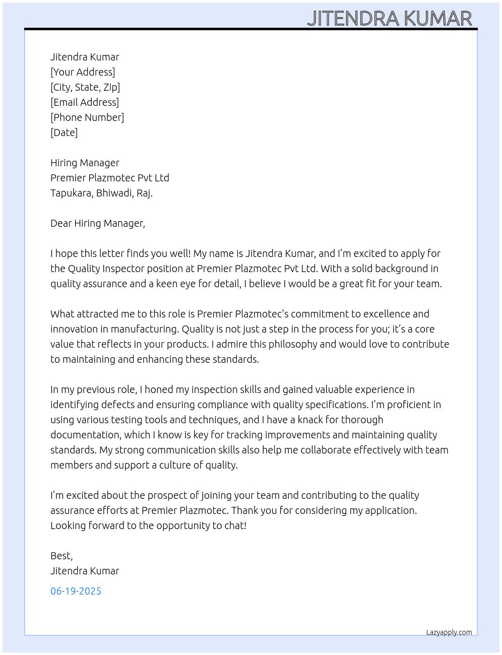 Cover letter for quality inspector, field - LazyApply