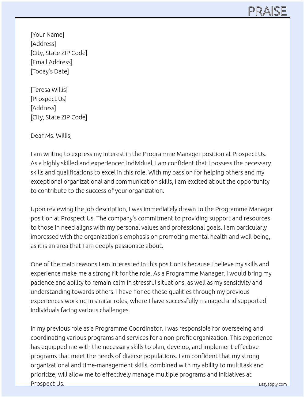  Programme Manager At Prospect Us  Cover Letter