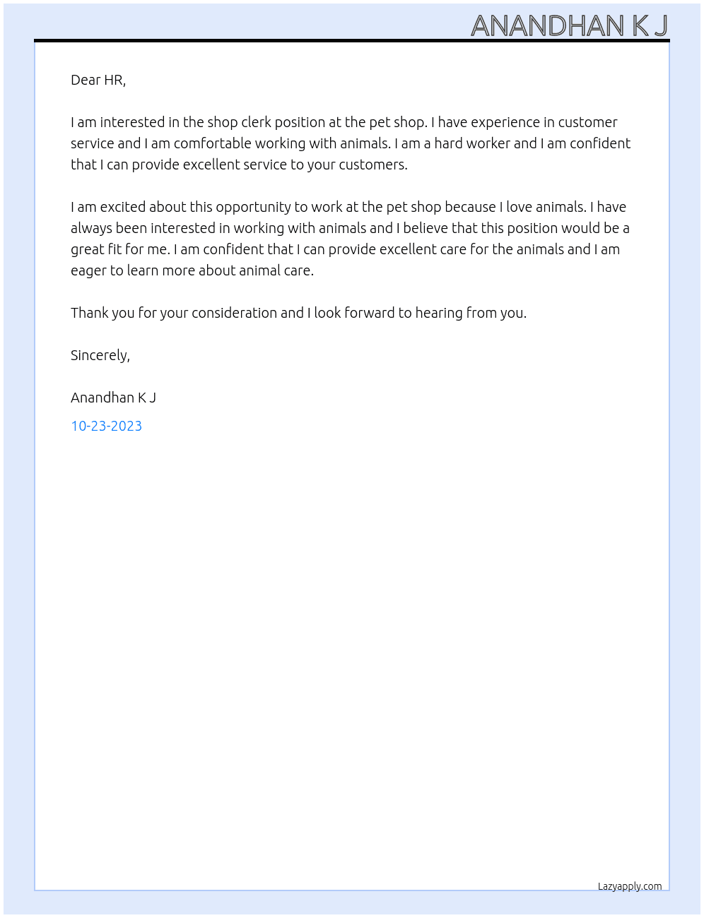Shop clerk At pet shop Cover Letter