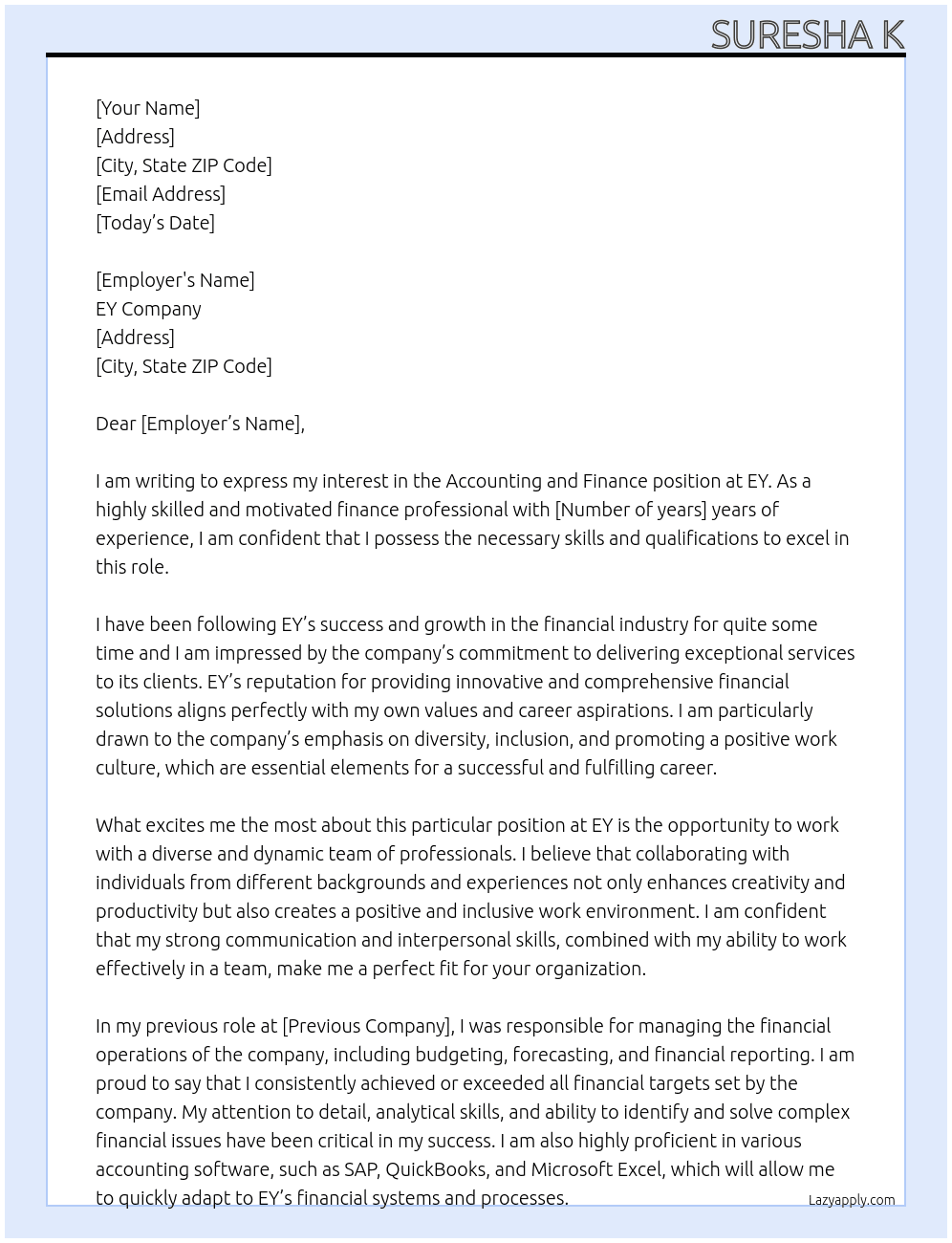 ACCOUNTING AND FINANCE At EY Cover Letter