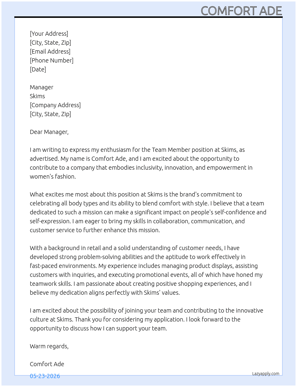 Team members  At Skims  Cover Letter