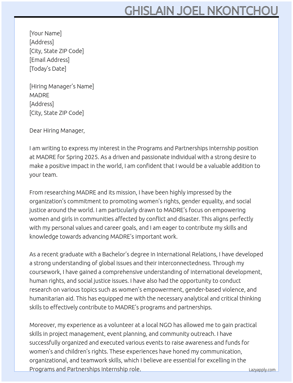 Programs and Partnerships Internship (Spring 2025) At MADRE Cover Letter