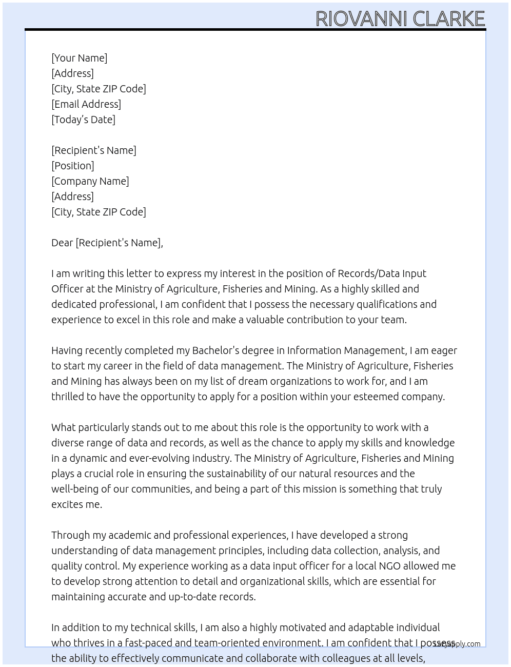 Records/Data Input Officer At Ministry of Agriculture, Fisheries and Mining Cover Letter