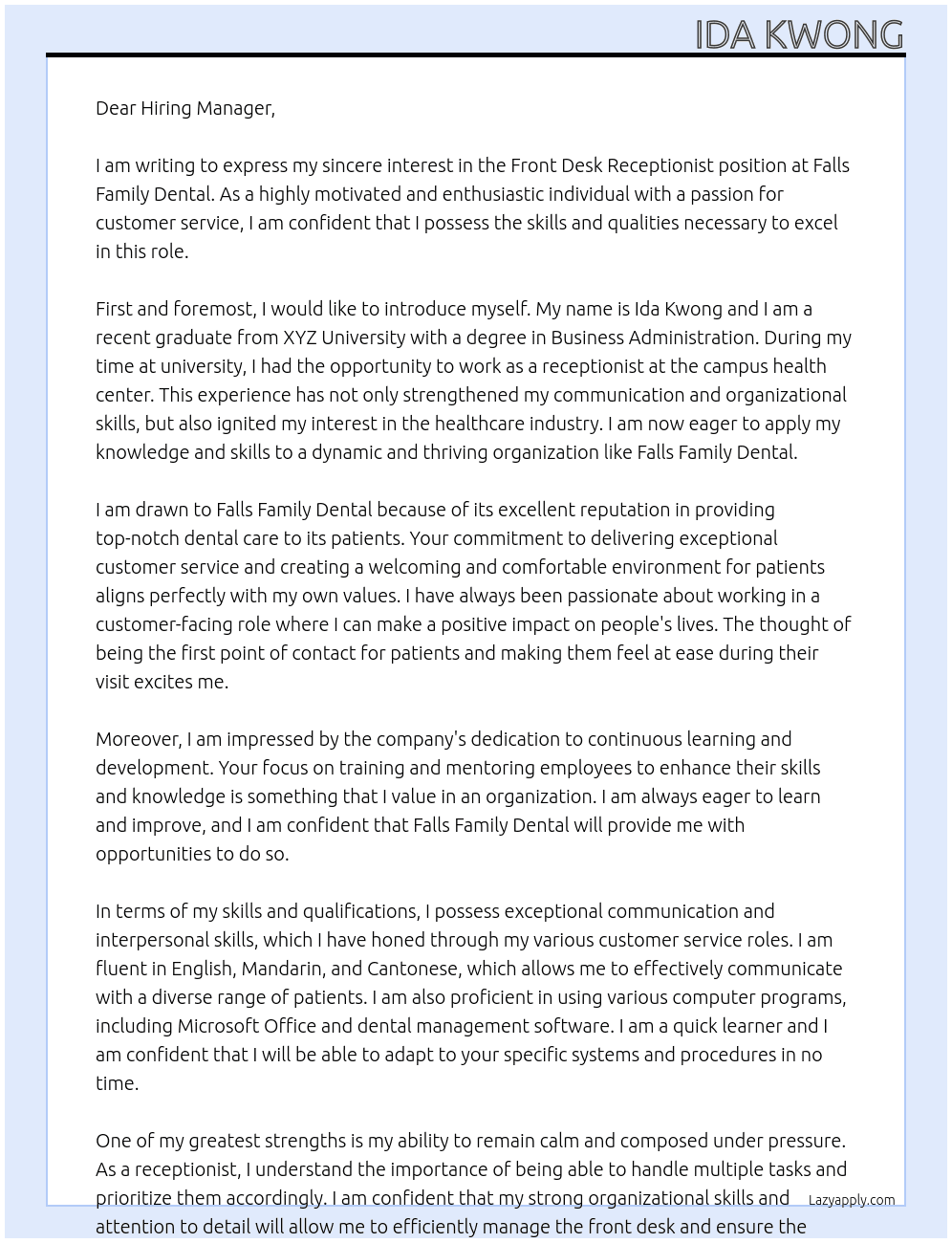 Front Desk Receptionist At Falls Family Dental Cover Letter