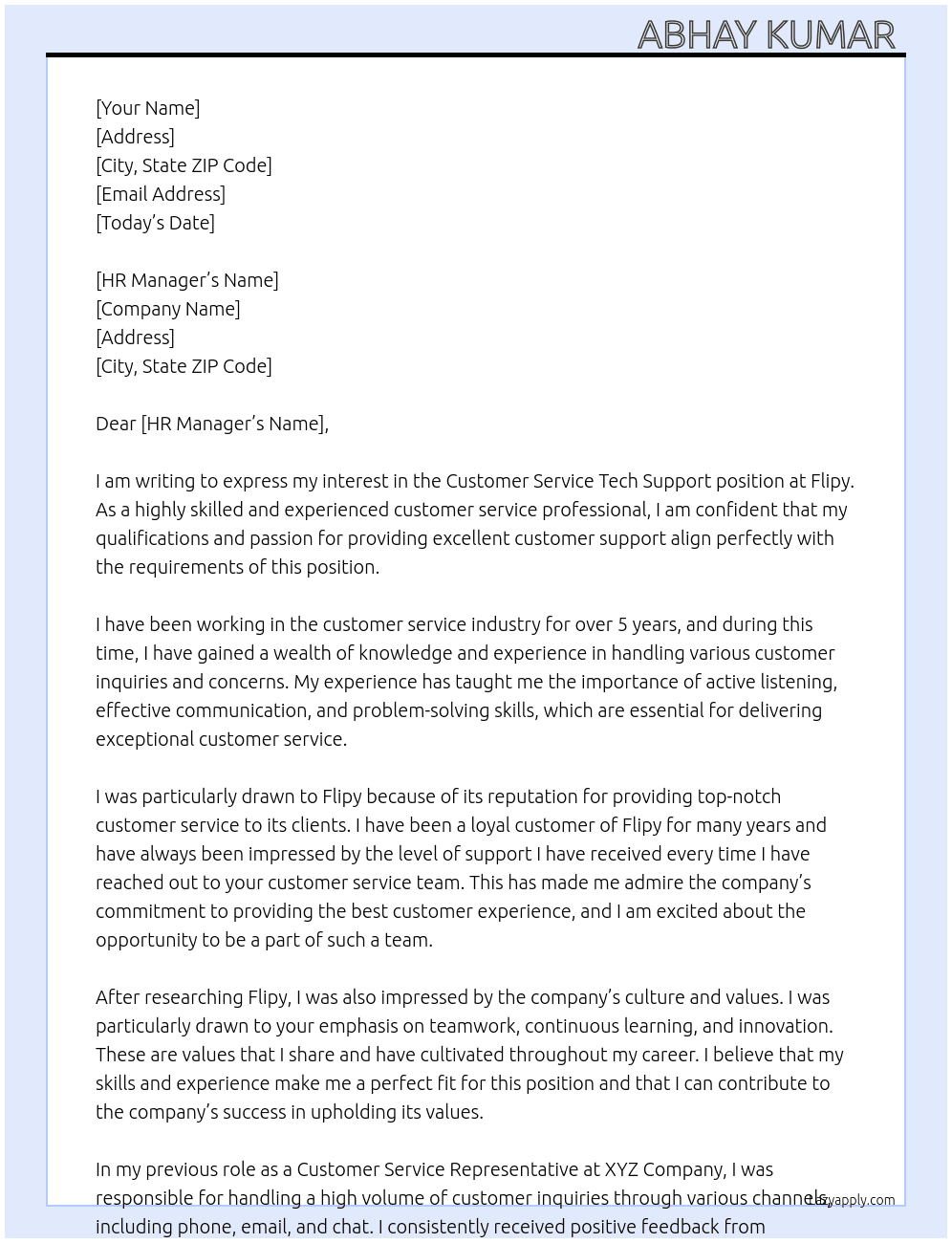 Customer service tech support  At Flipy Cover Letter