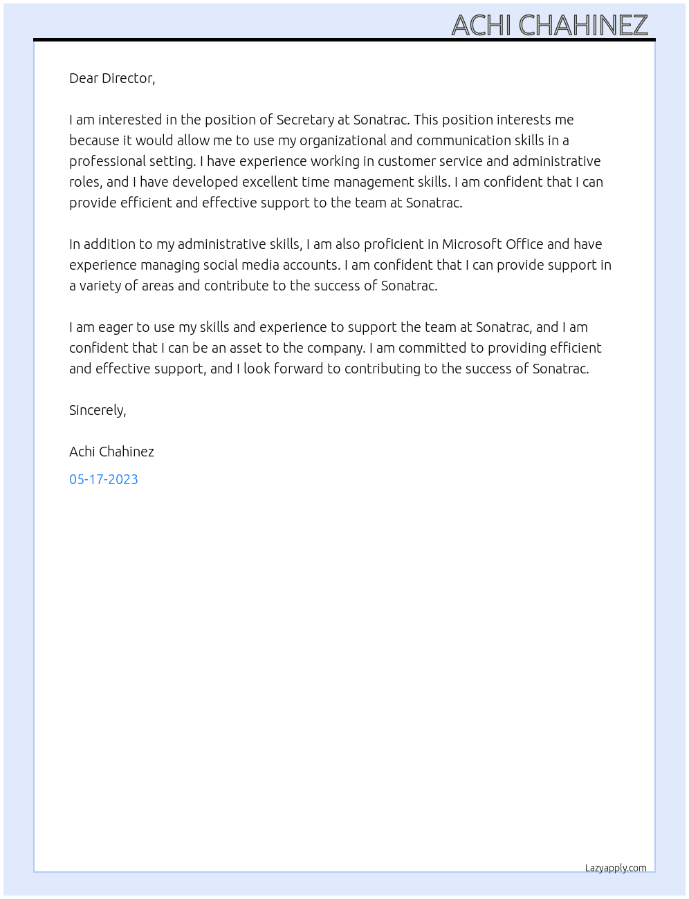 Secretary At Sonatrac Cover Letter