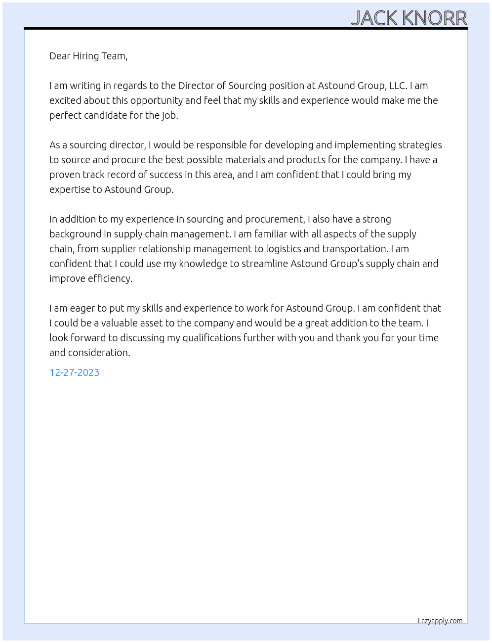 Director of Sourcing At Astound Group, LLC Cover Letter