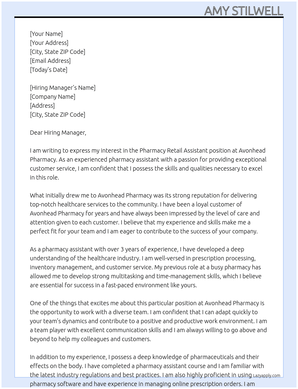Pharmacy Retail Assistant At Avonhead Pharmacy Cover Letter