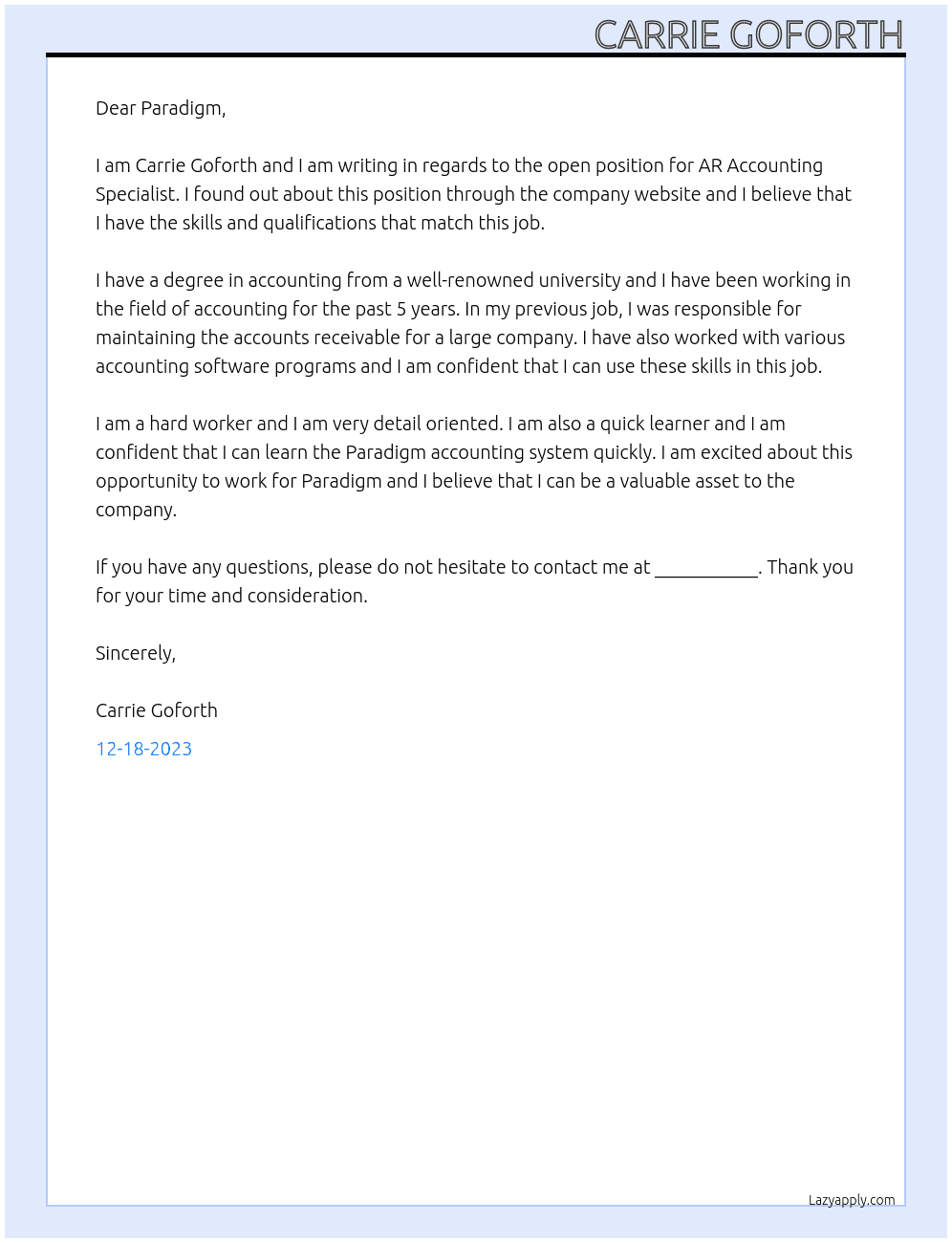 AR Accounting Specialist At Paradigm Cover Letter