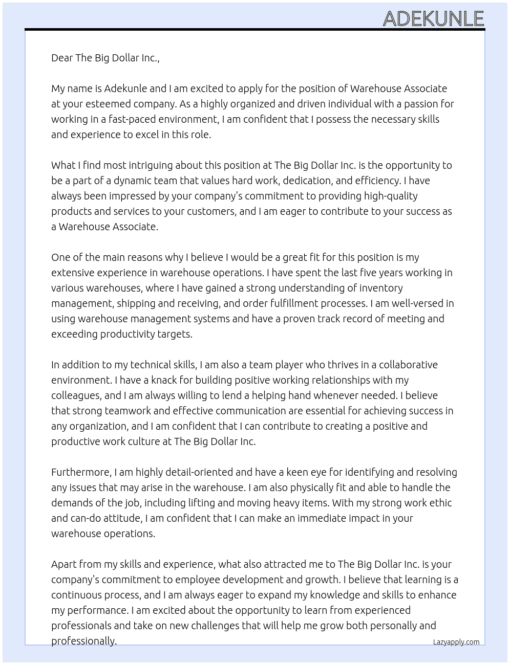 warehouse associate At The Big Dollar Inc.  Cover Letter