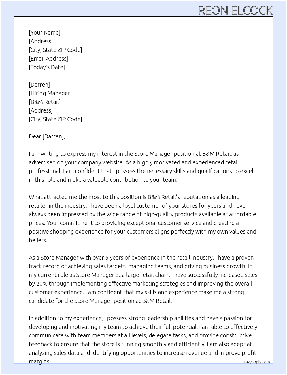 Store Manager  At B&M Retail Cover Letter