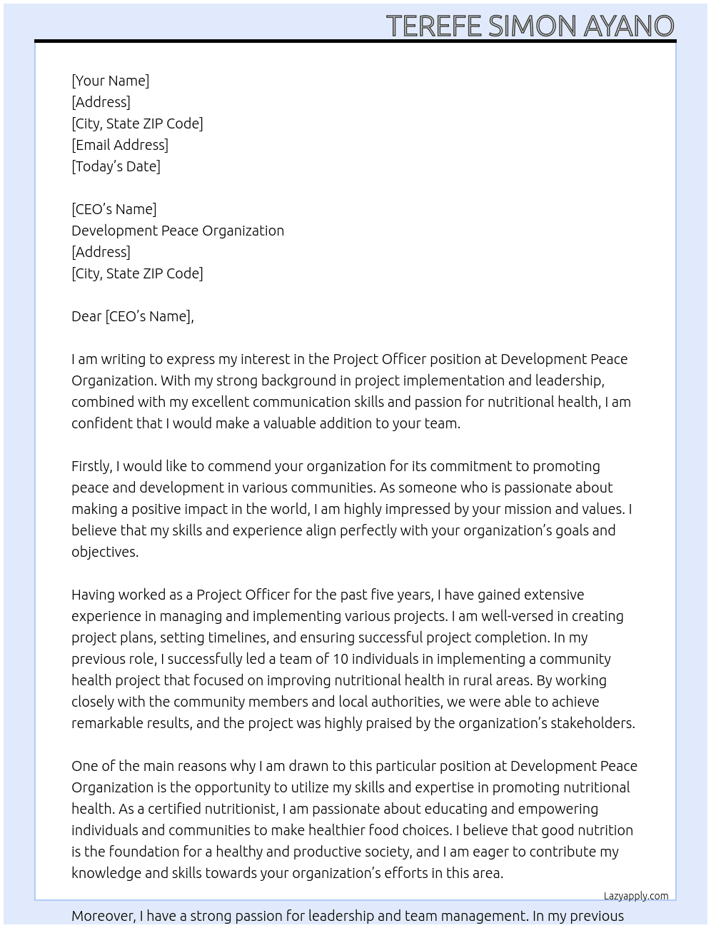 Project officer At Development Peace Organization  Cover Letter
