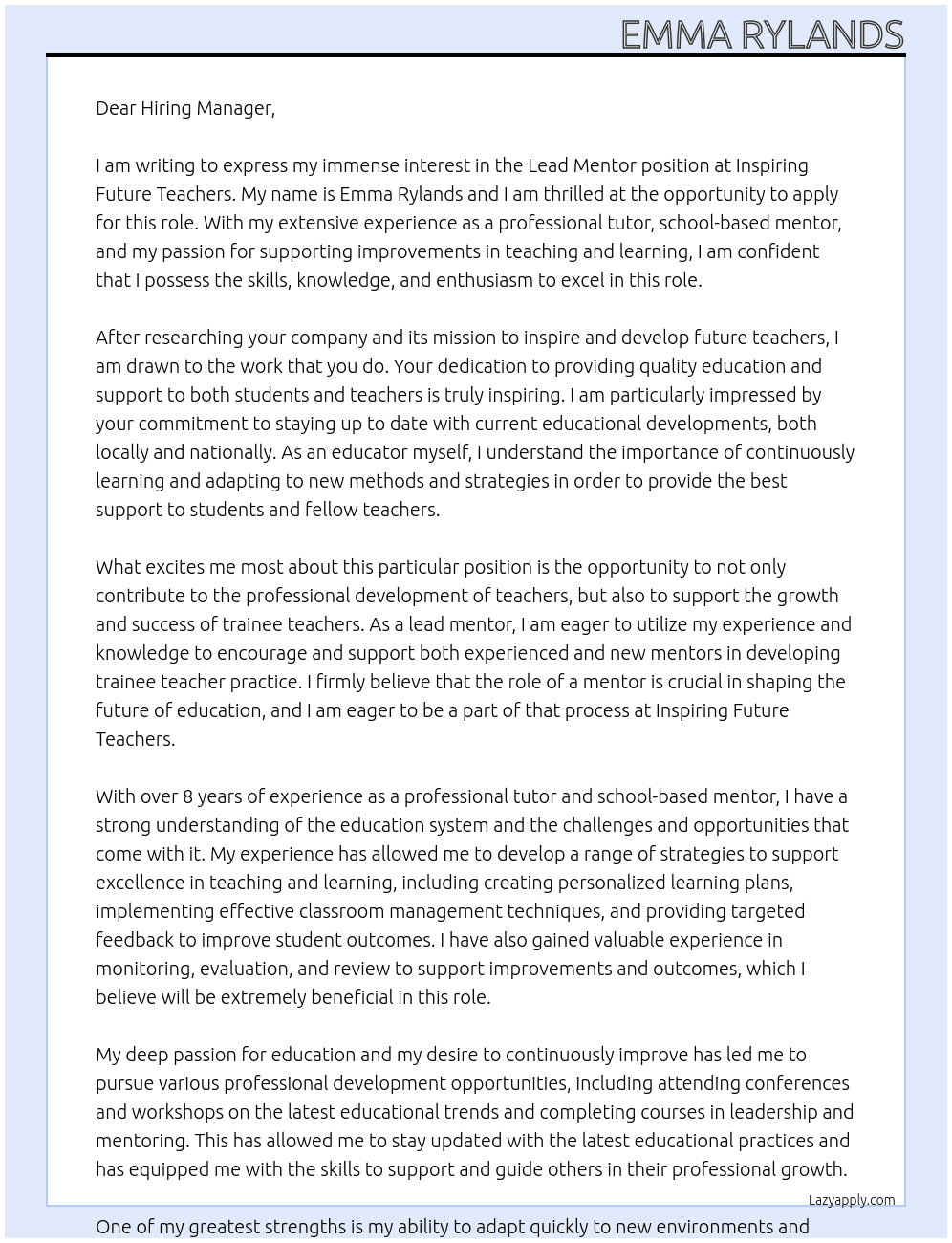Lead Mentor  At Inspiring Future Teachers Cover Letter
