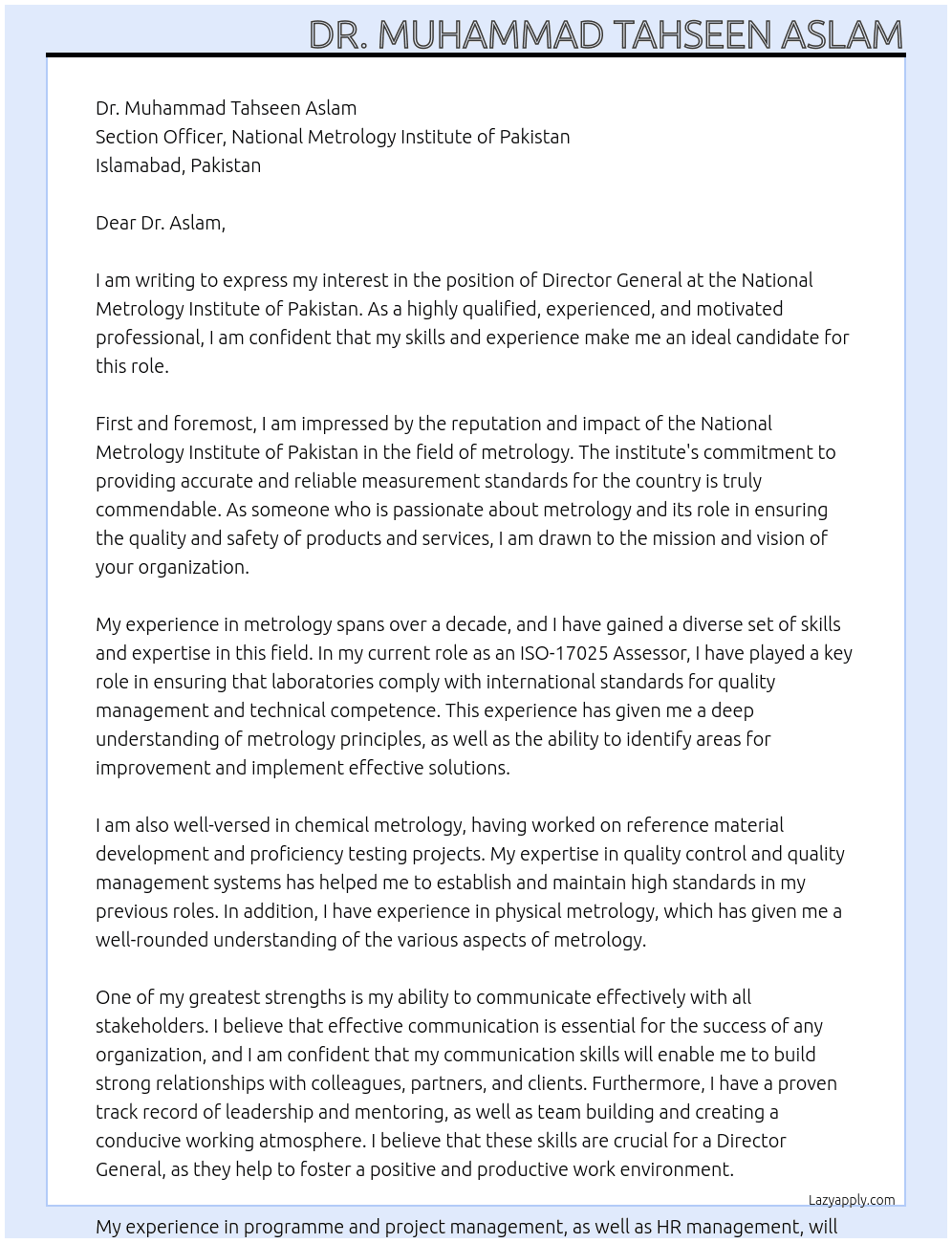 Director General At National Metrology Institute of Pakistan Cover Letter