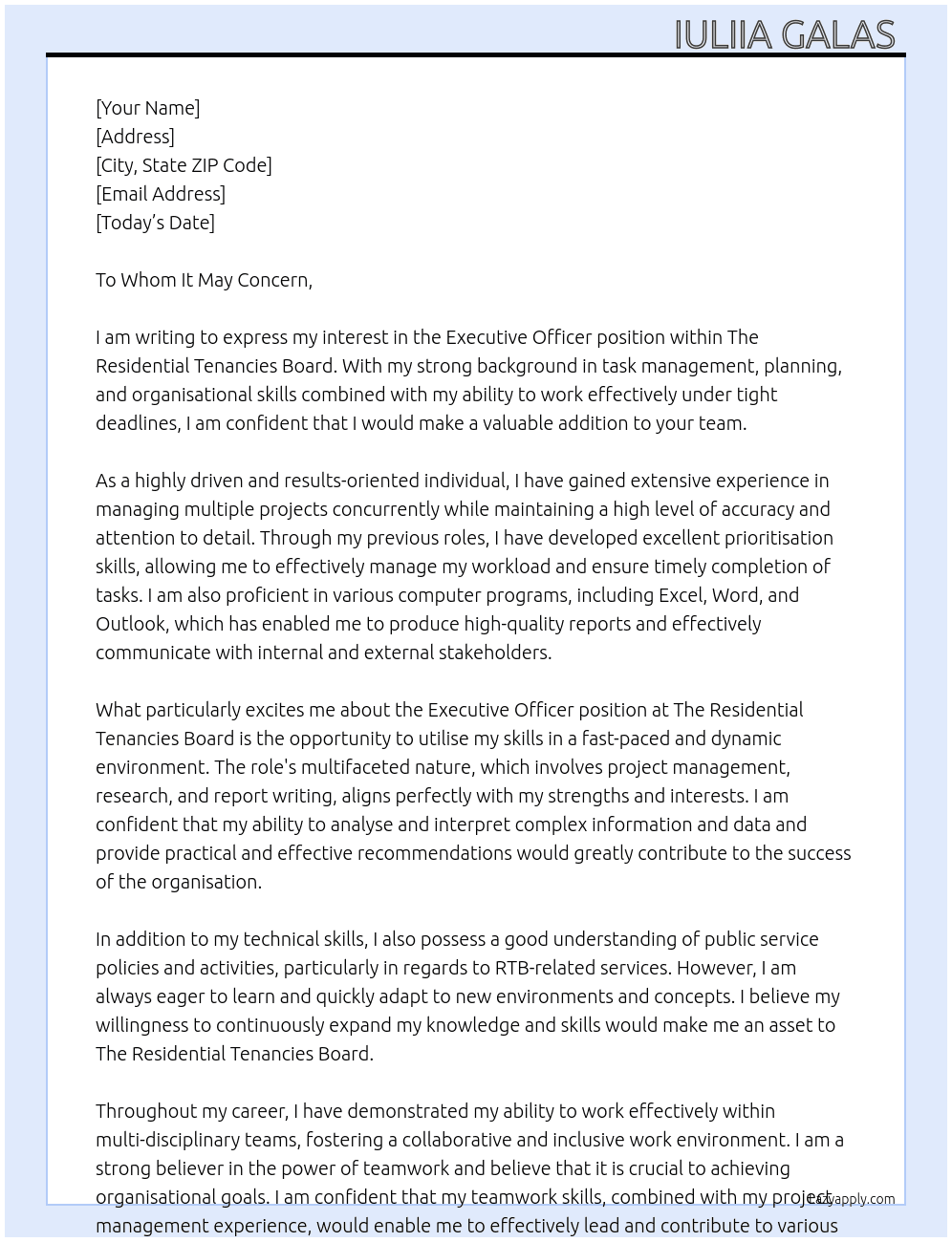 Executive Officer At The Residential Tenancies Board Cover Letter