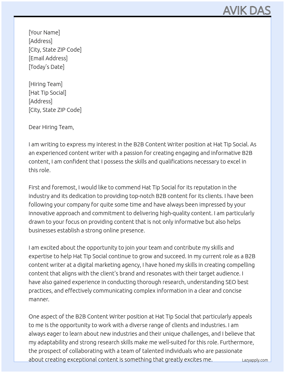 B2B Content Writer At Hat Tip Social Cover Letter
