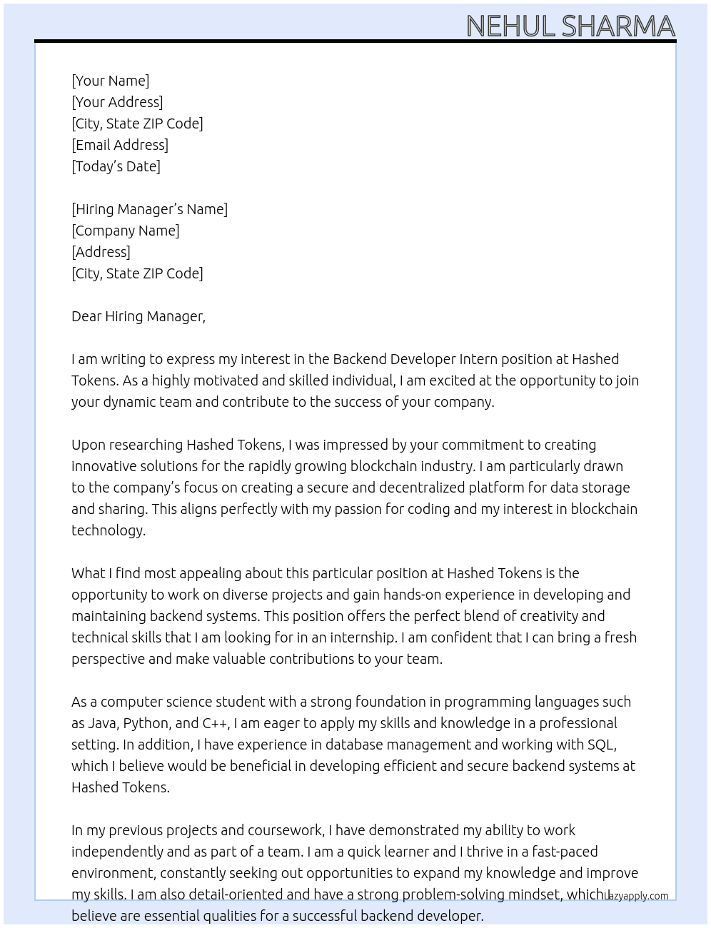 Backend Developer Intern At Hashed Tokens Cover Letter