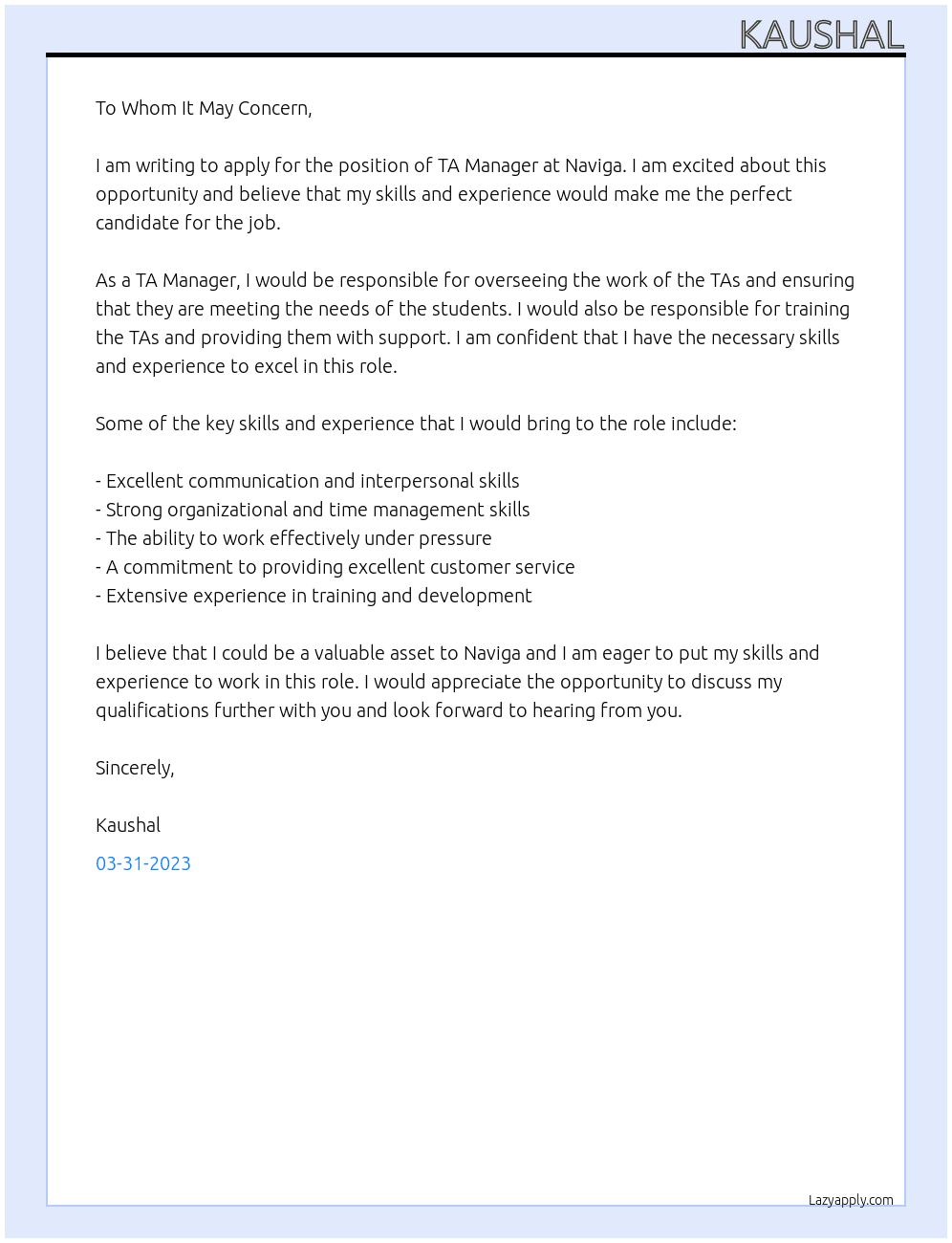 TA Manager At Naviga Cover Letter