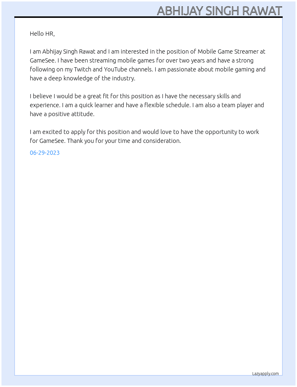 Mobile Game Streamer At GameSee Cover Letter