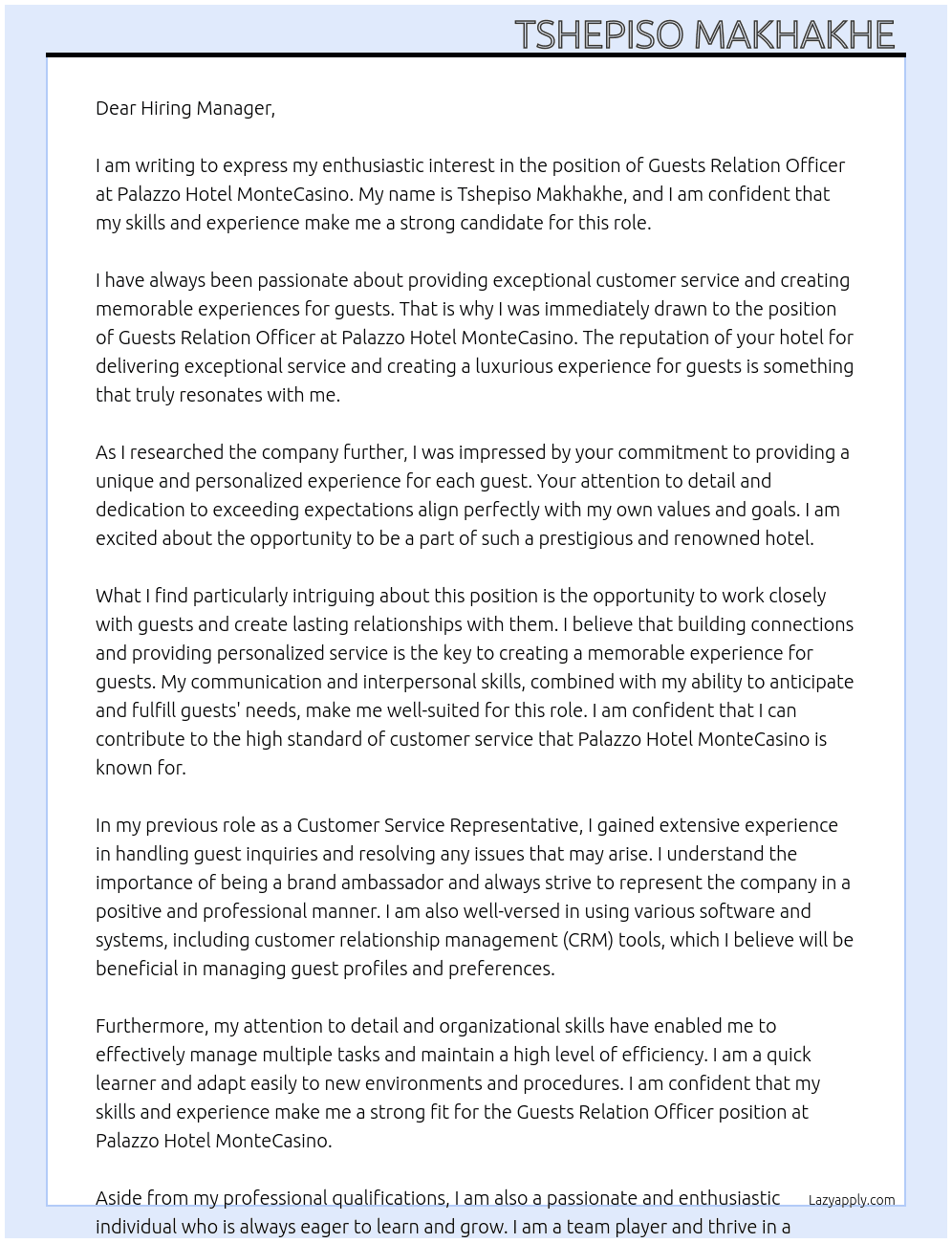 Guests Relation Officer At Palazzo Hotel MonteCasino  Cover Letter