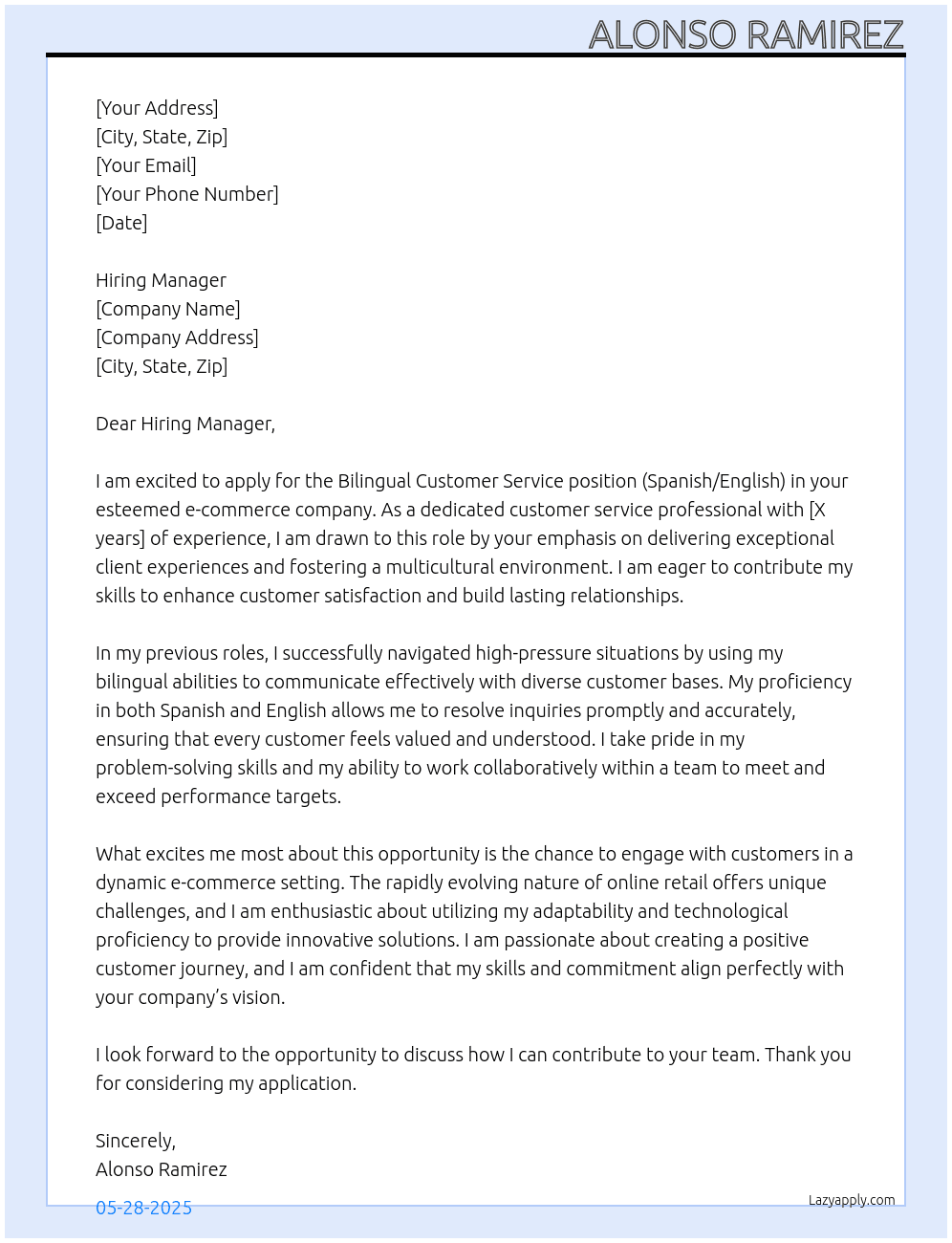Bilingual Customer Service (Spanish/English) for E-commerce At None Cover Letter