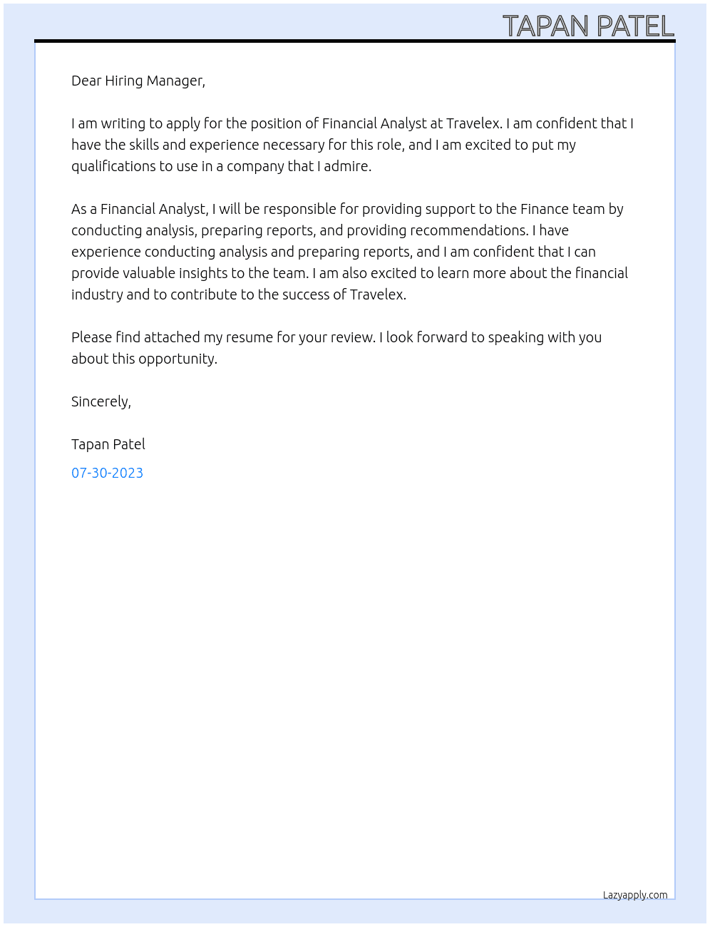 Financial Analyst At Travelex Cover Letter