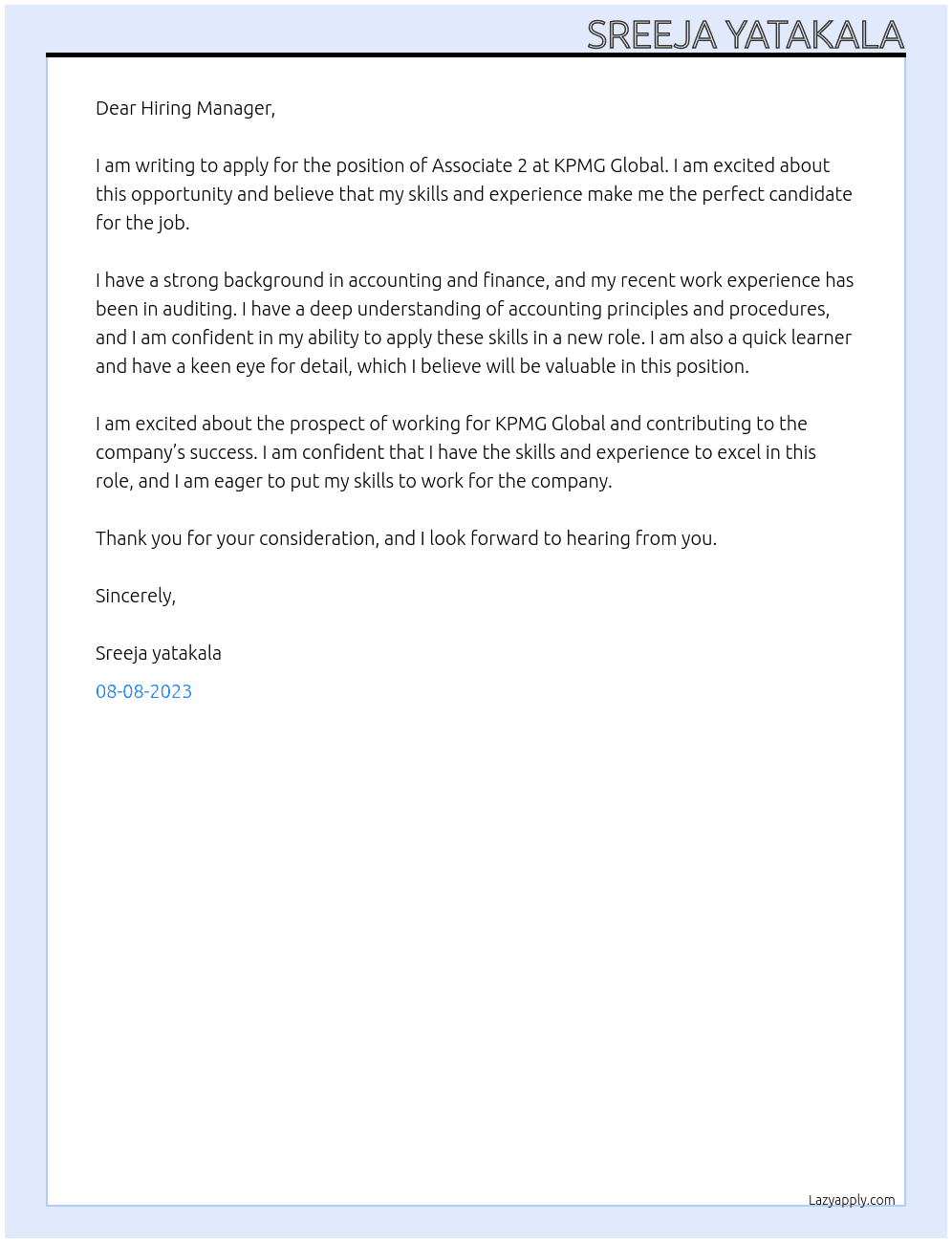 Associate 2 At KPMG GLOBAL Cover Letter