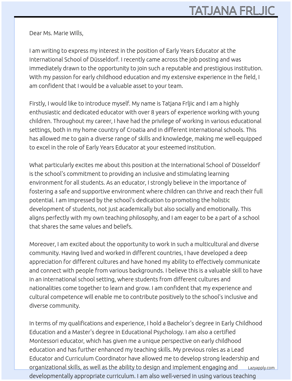 Early Years Educator  At International School of Düsseldorf  Cover Letter