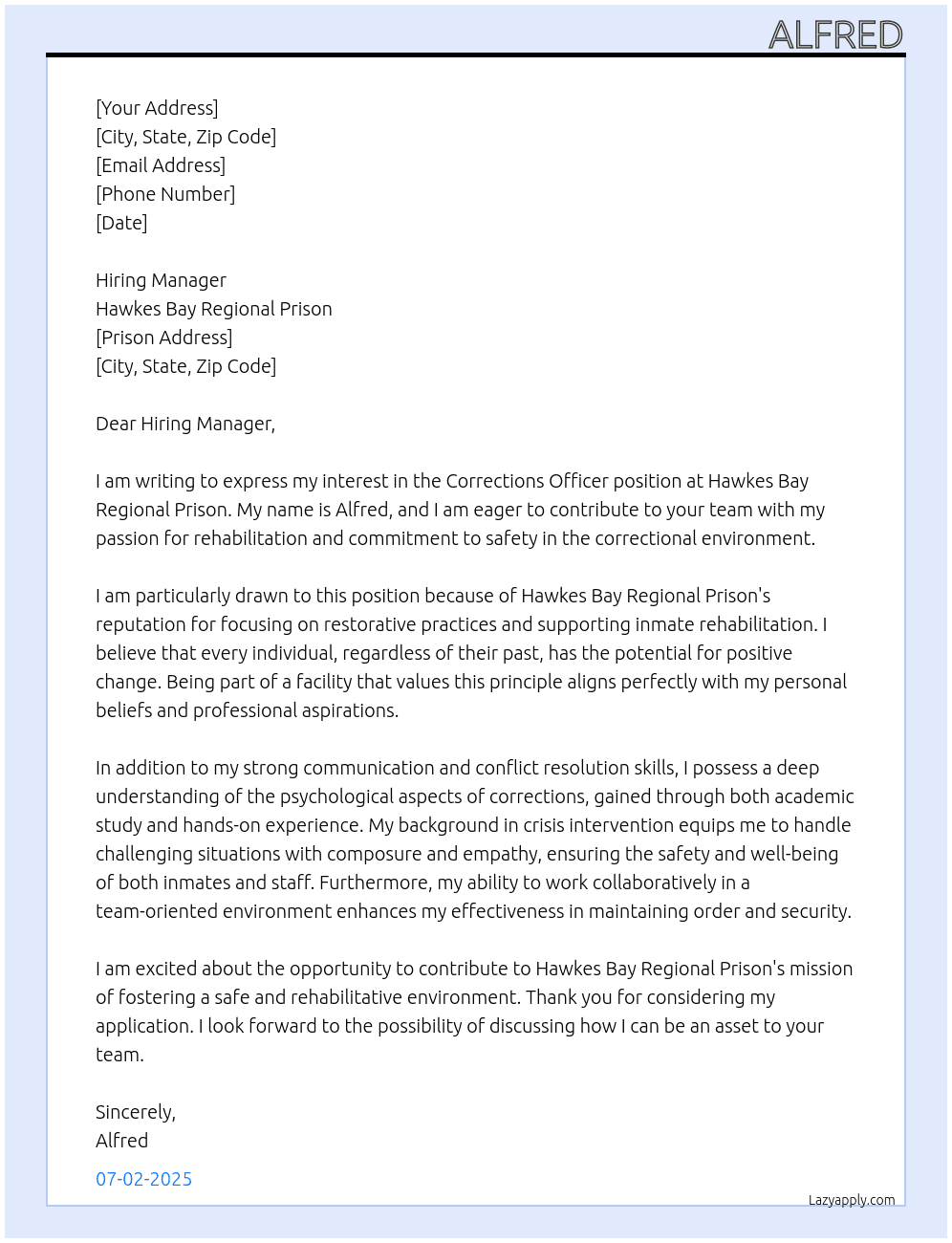 Corrections Officer At Hawkes Bay Regional Prison Cover Letter