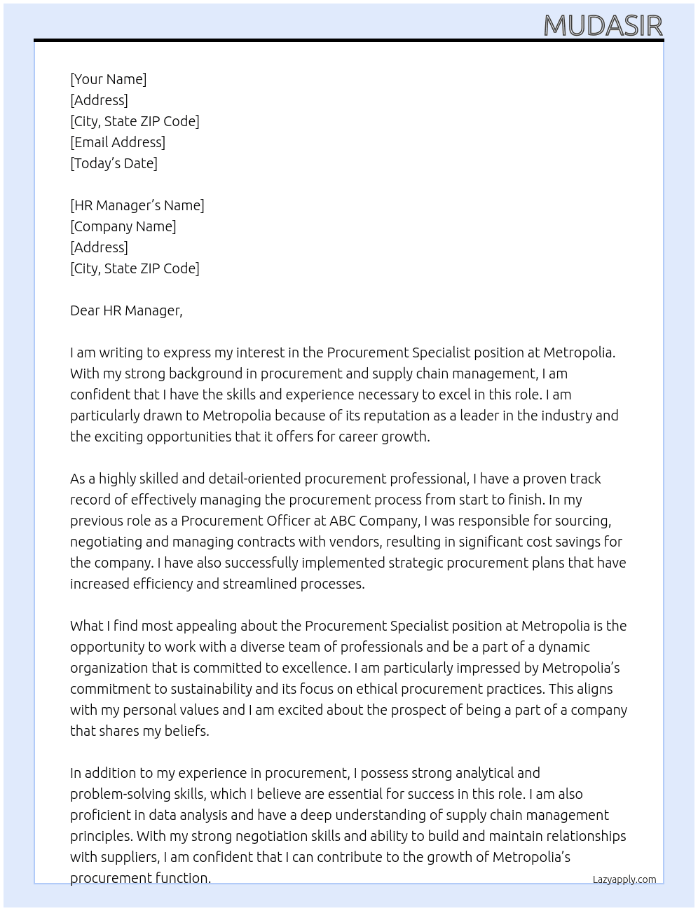 Procurement Specialist At Metropolia Cover Letter
