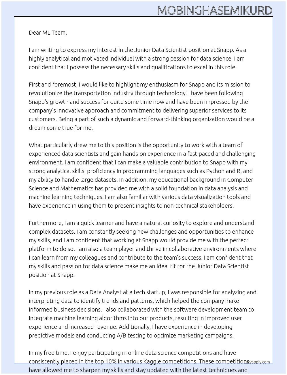 junior data scientist  At Snapp Cover Letter