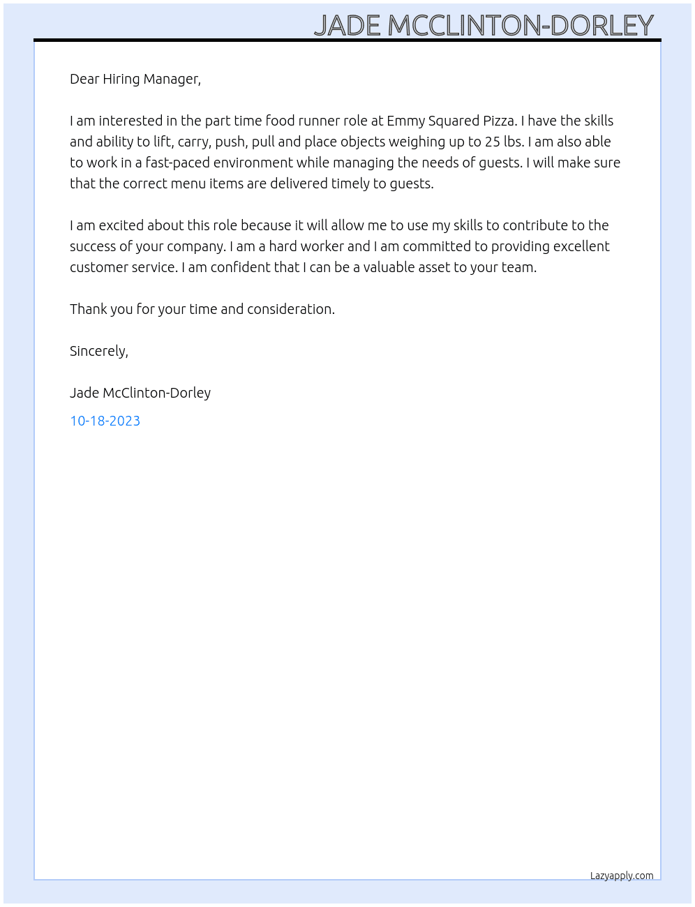 Food Runner At Emmy Squared Pizza Cover Letter