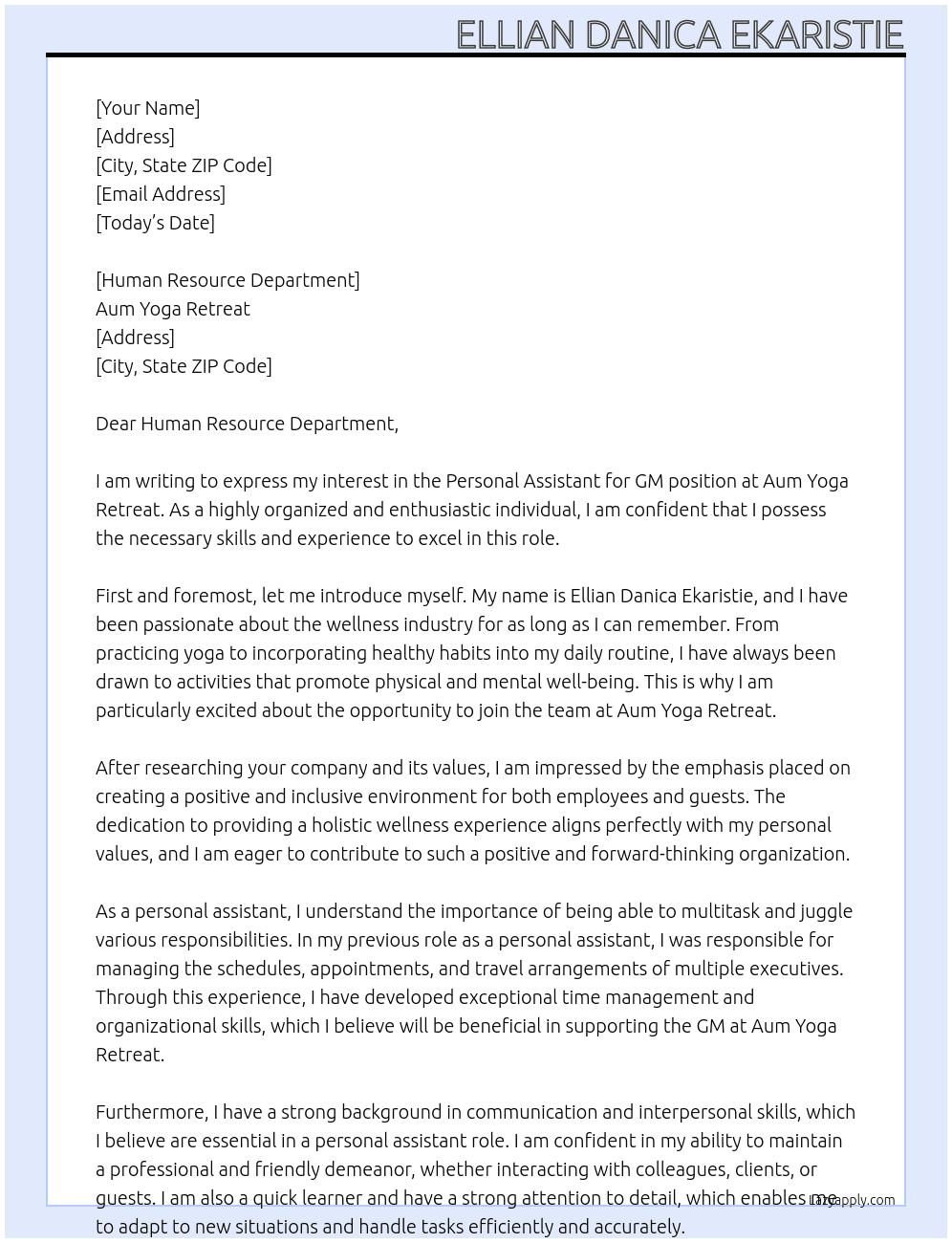 Personal Assistant for GM At Aum Yoga Retreat Cover Letter