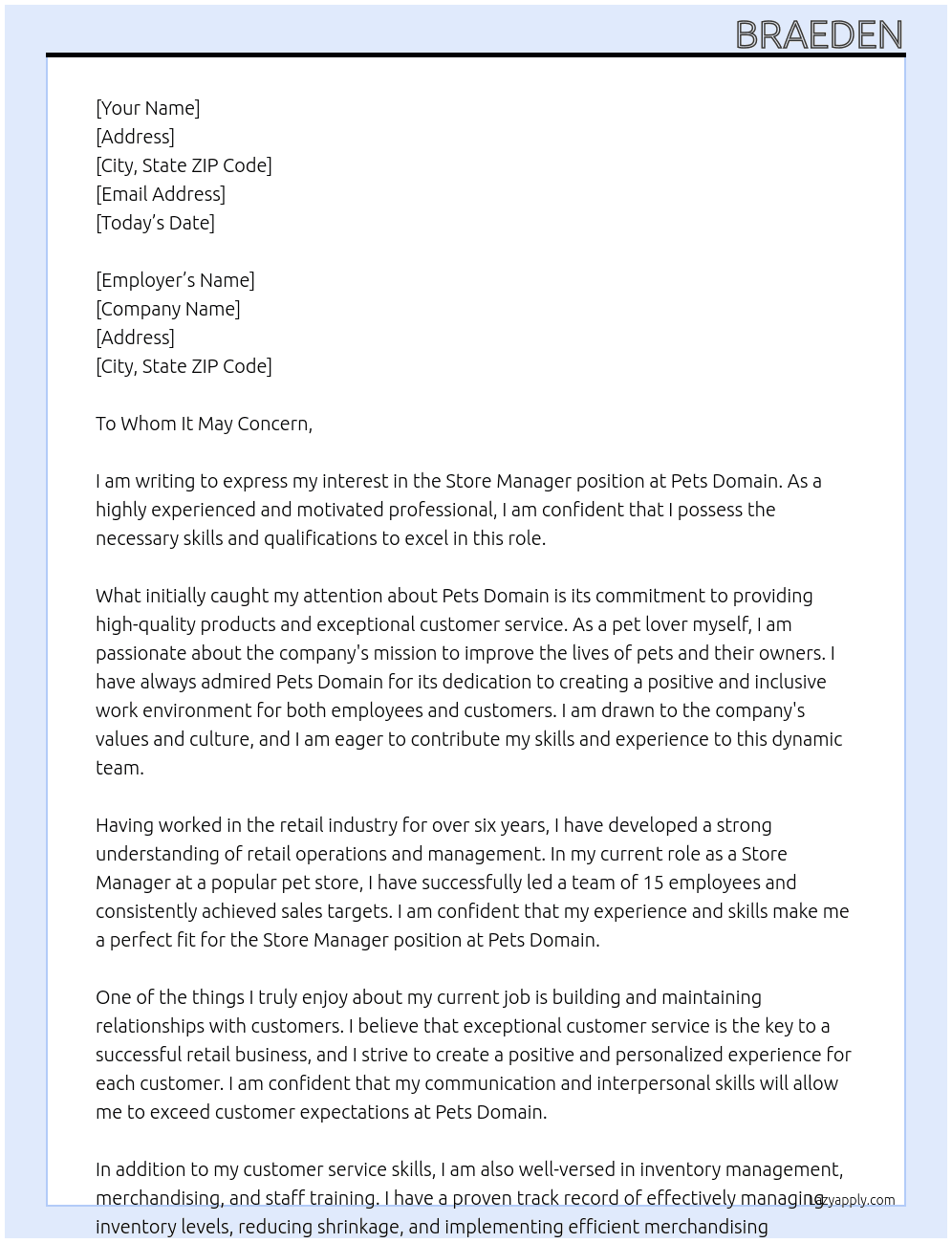 Store Manager At Pets Domain Cover Letter