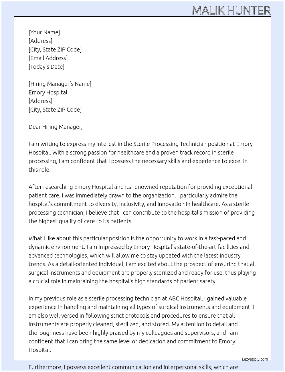 Sterile processing technician  At Emory Hospital  Cover Letter