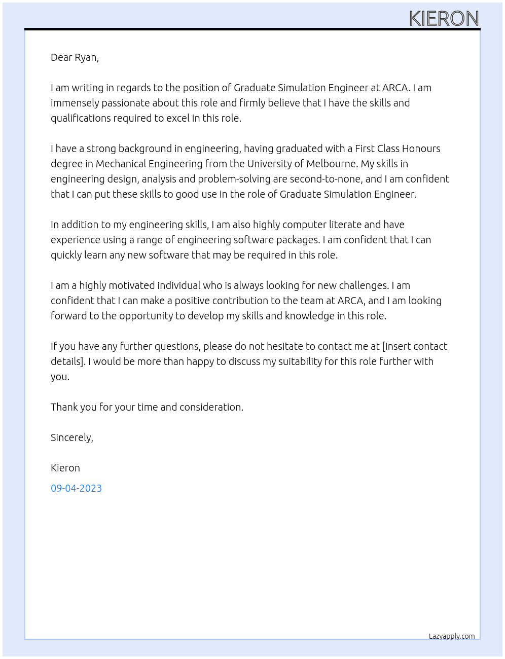 Graduate Simulation Engineer At ARCA Cover Letter