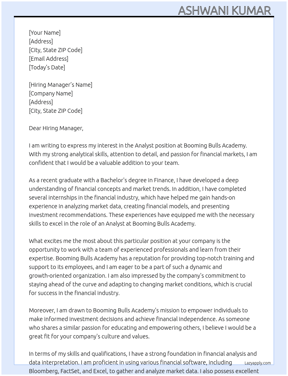 Analyst  At Booming Bulls Academy  Cover Letter