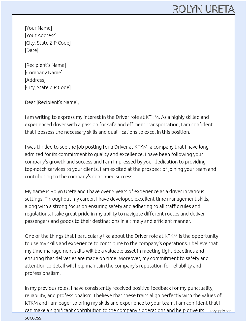 Driver  At KTKM Cover Letter