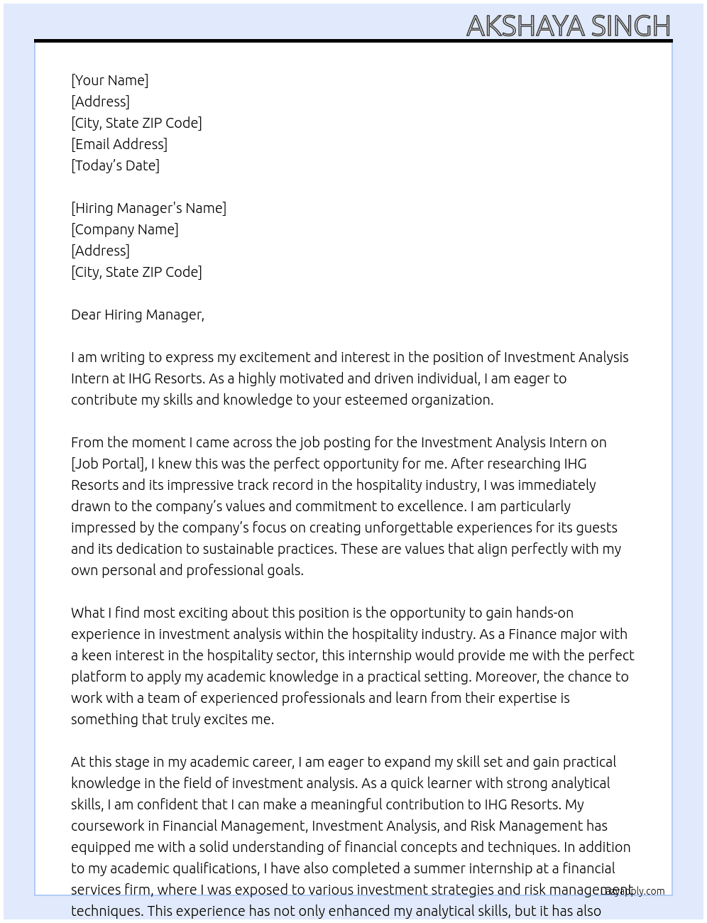 Investment Analysis Intern At IHG Resorts Cover Letter