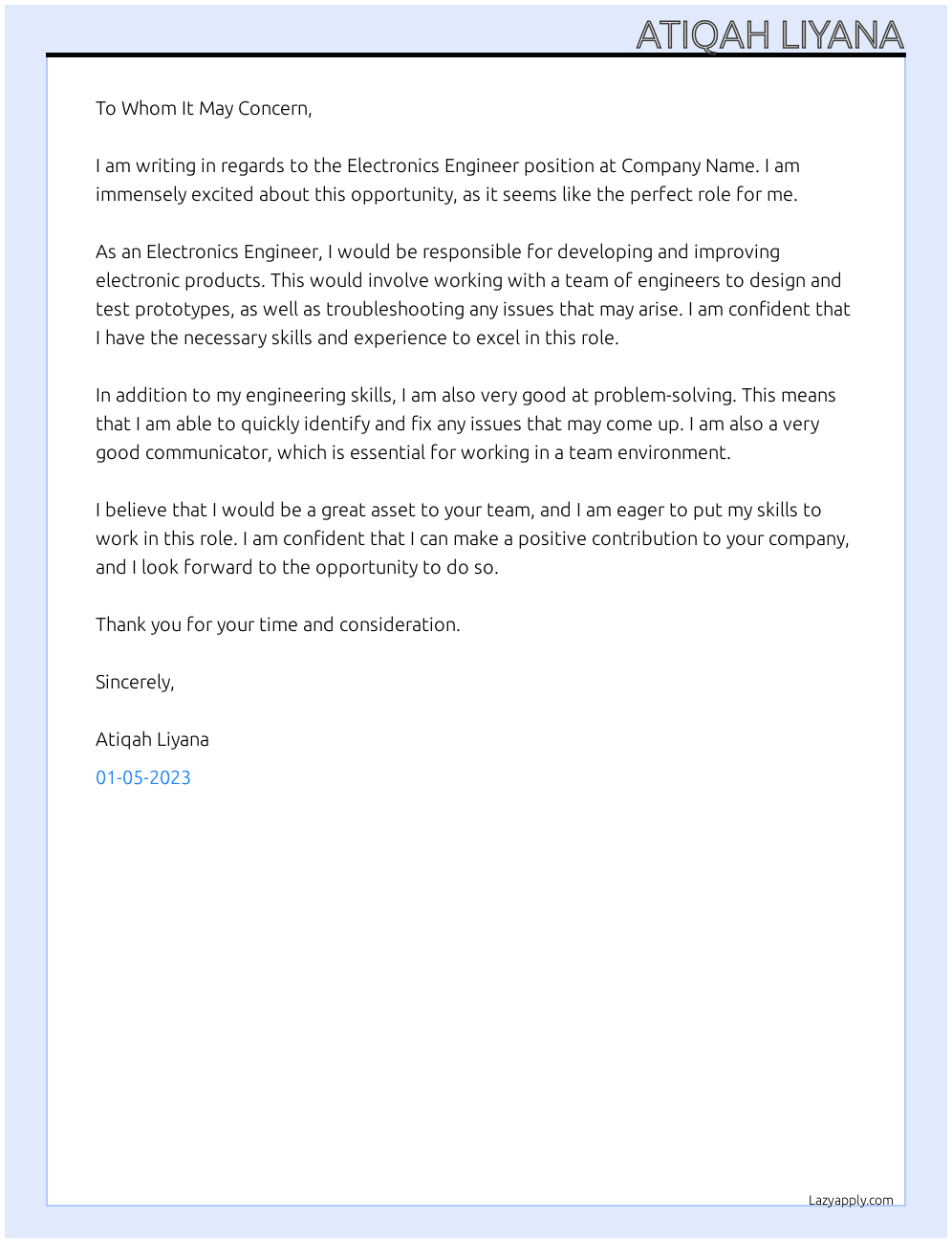 Electronics Engineer At Company Name Cover Letter