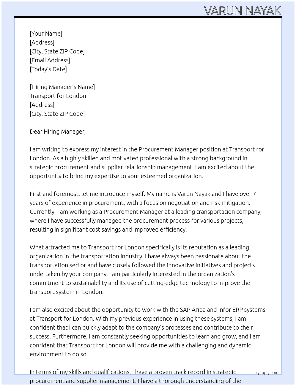 Procurement Manager At Transport for London Cover Letter